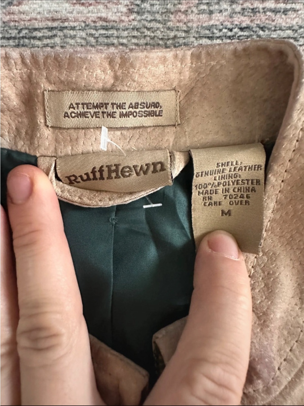 RuffHewn Genuine Leather Jacket - tan suede with Green Lining